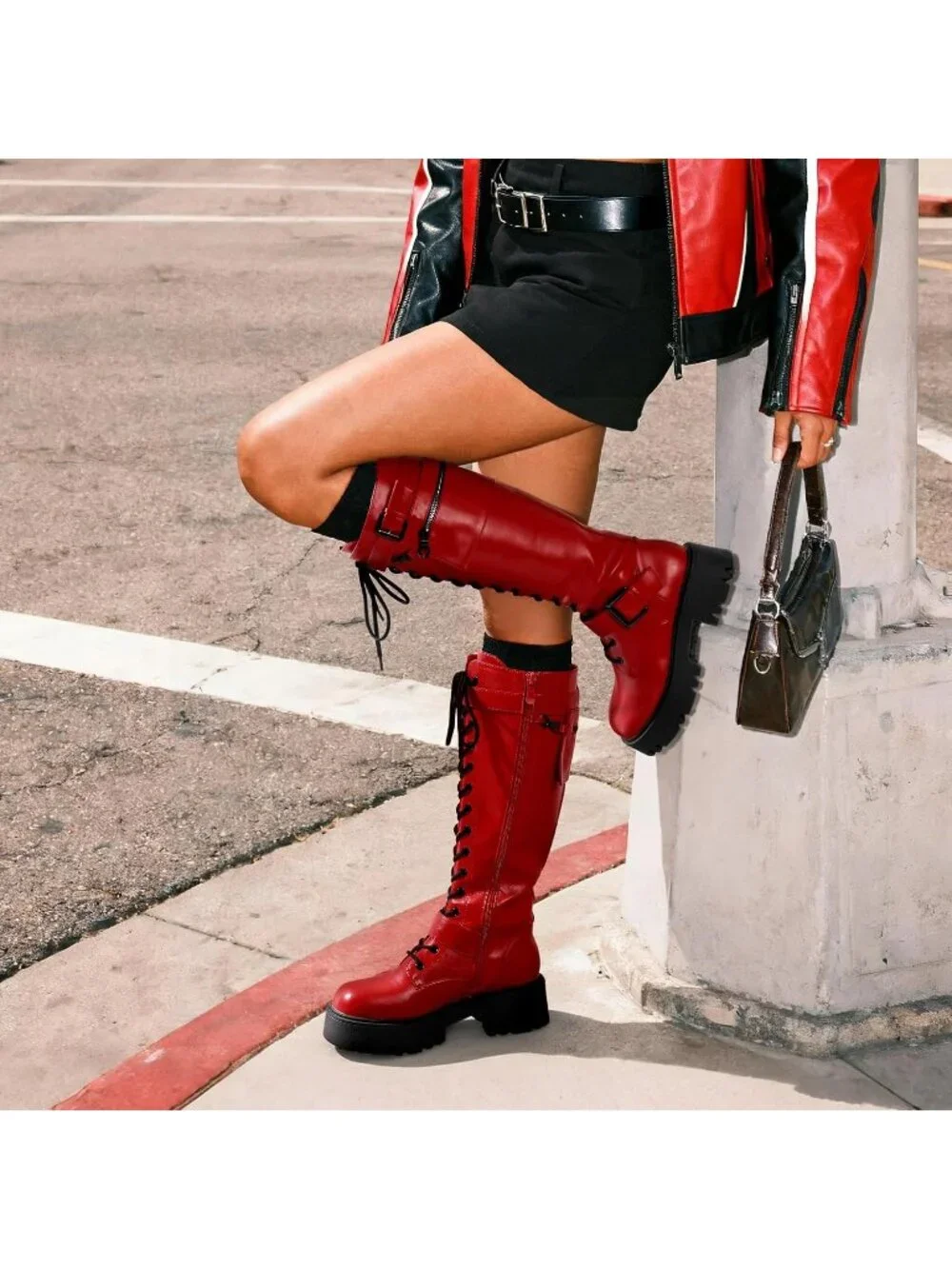 Dream Pairs Women's Red Round Toe Lace Up Inside Zipper Knee High Combat Boots